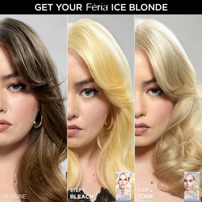 L'Oreal Paris Feria hair bleach kit contents showing bleaching powder, developer, and purple conditioner.