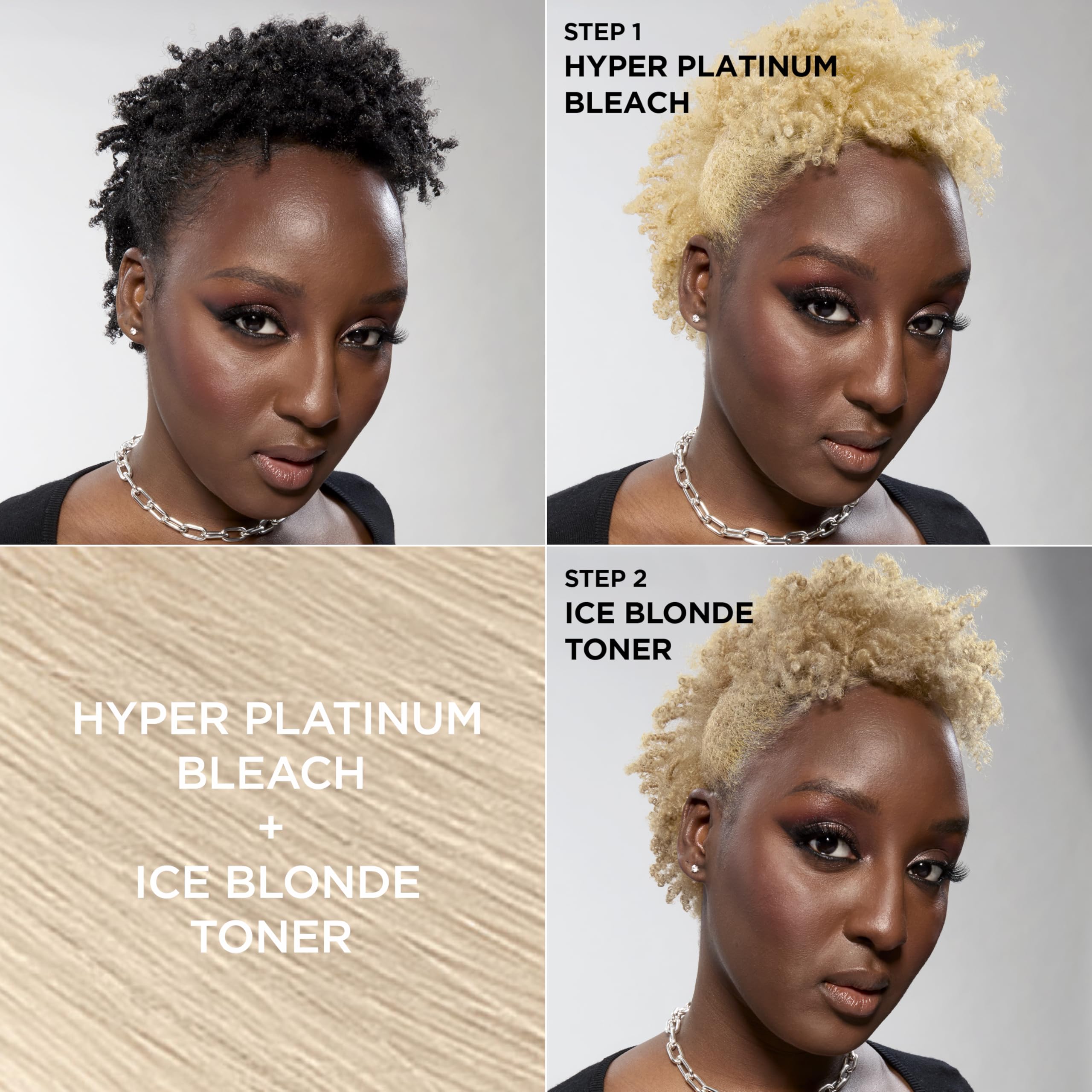 Back of packaging for L'Oreal Paris Feria Hyper Platinum illustrating the hair shade transition chart.
