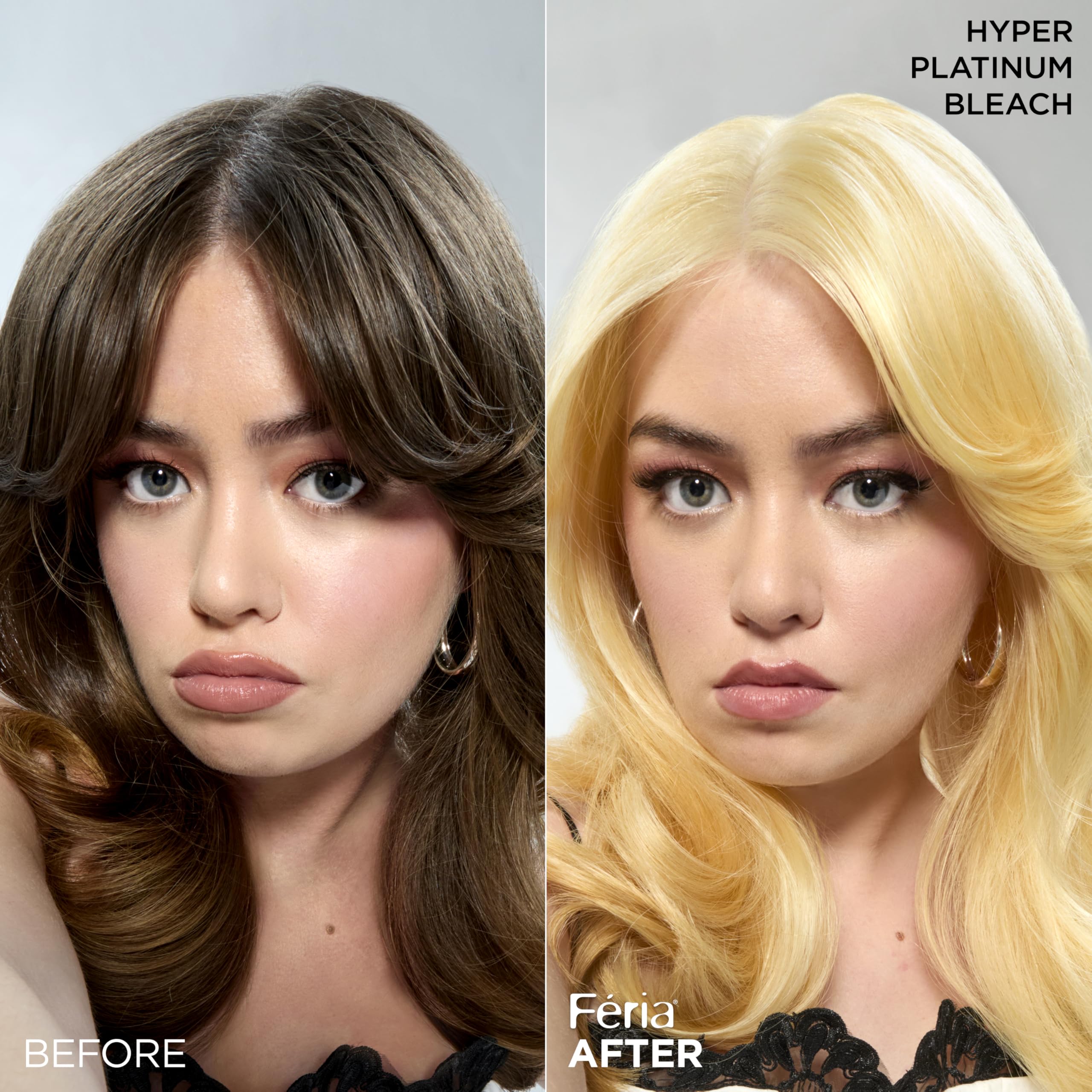 Side view of L'Oreal Feria permanent hair color kit detailing the key product benefits.