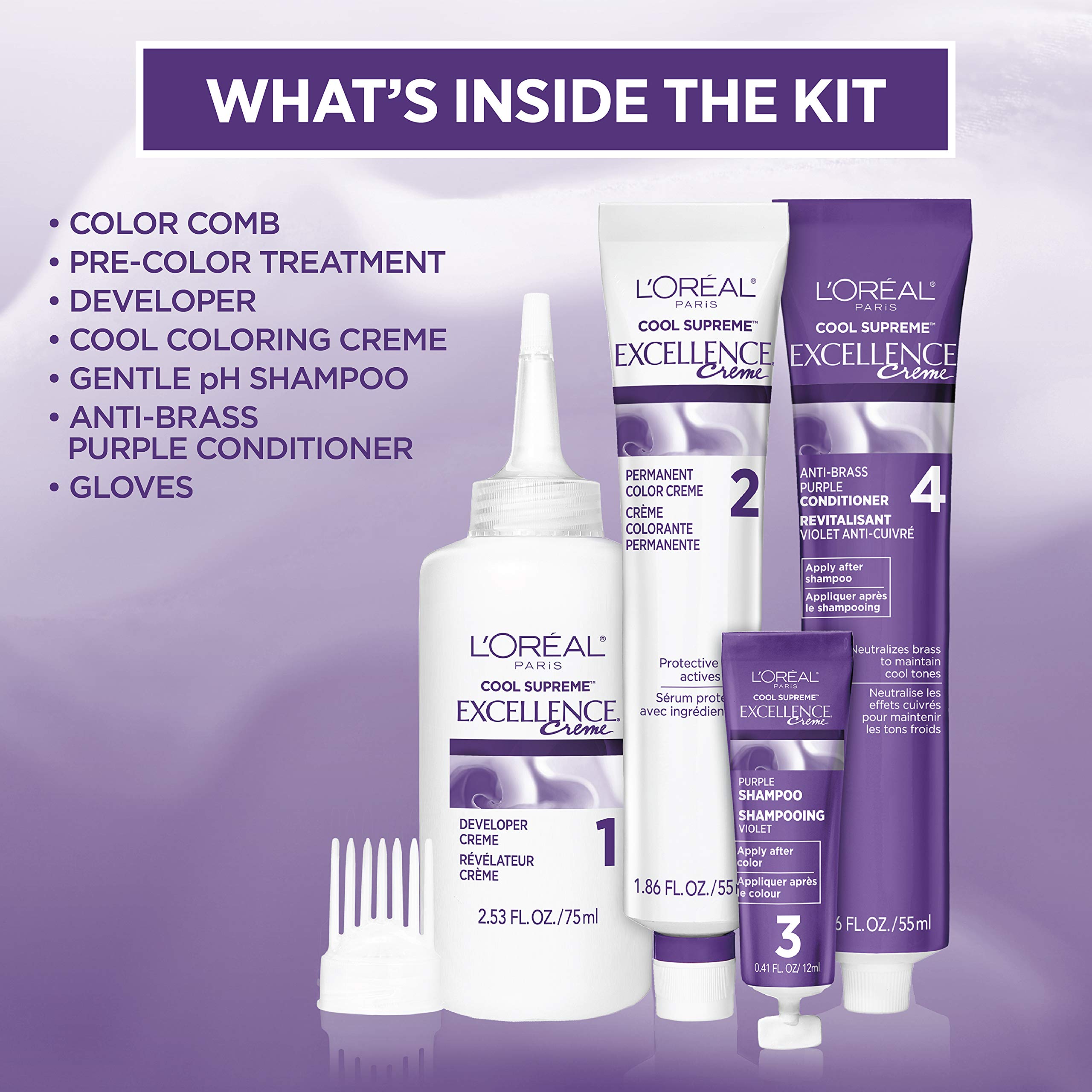 Anti-brass purple shampoo and conditioner tubes included in the box