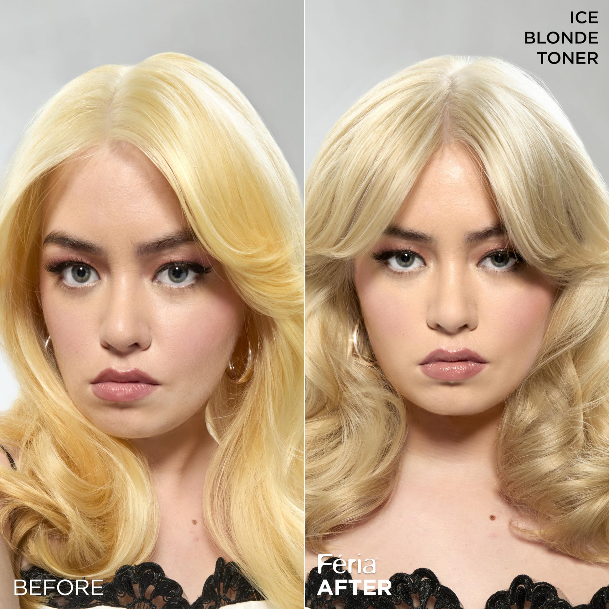 Before and after results graphic displaying yellow brass reduction on lightened blonde hair