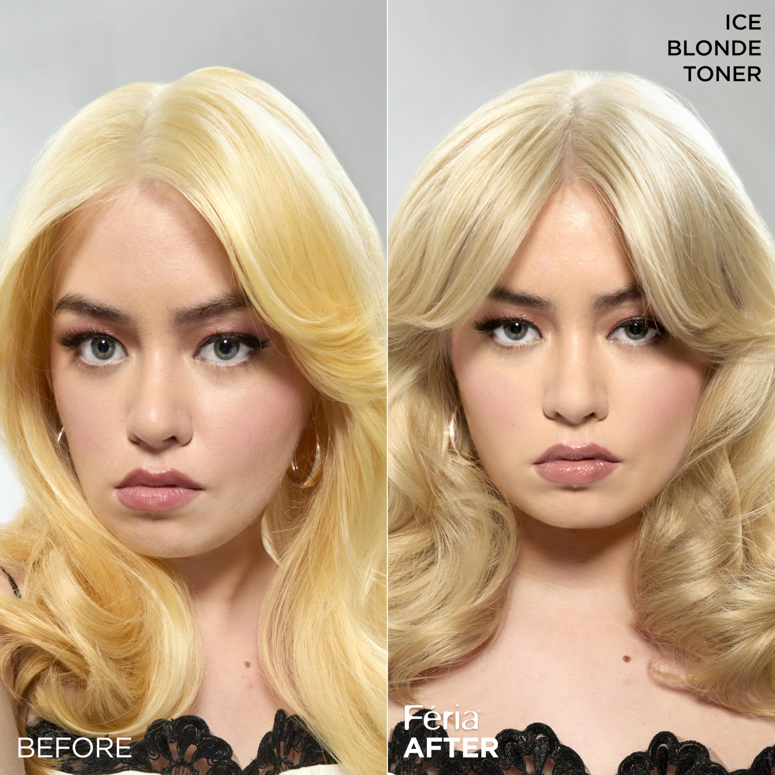 Before and after results graphic displaying yellow brass reduction on lightened blonde hair