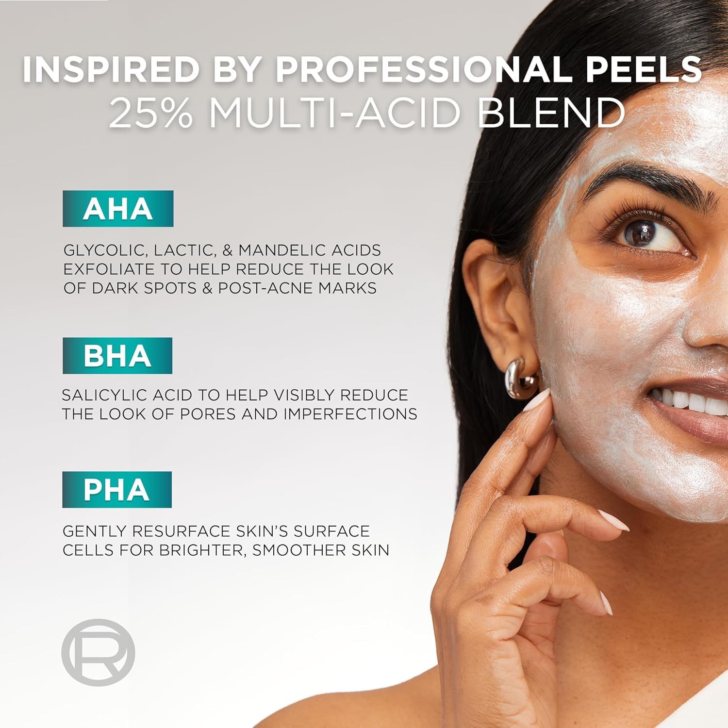 L'Oreal Paris Bright Reveal packaging box showing multi acid dark spot peeling solution benefits