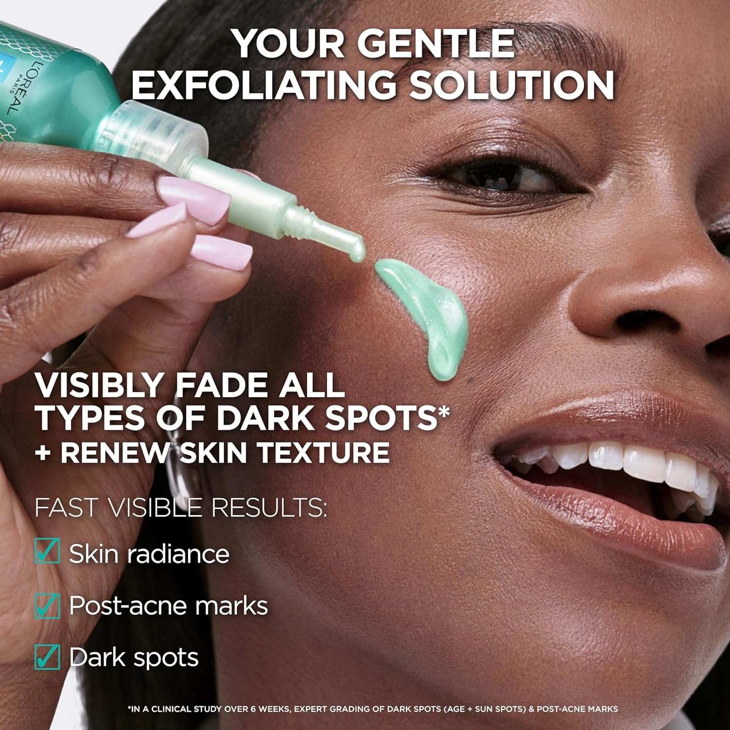 L'Oreal Paris Bright Reveal Exfoliant Peel bottle alongside the included daily SPF lotion sample