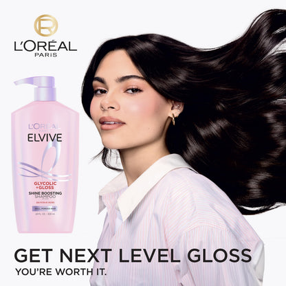 L'Oreal Paris Elvive Glycolic Gloss eighty-eight milliliter bottles featuring a skincare inspired formula for porous hair.