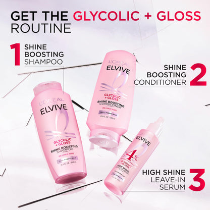 L'Oreal Elvive Glycolic plus Gloss deep cleansing and smoothing hair care system packaging.