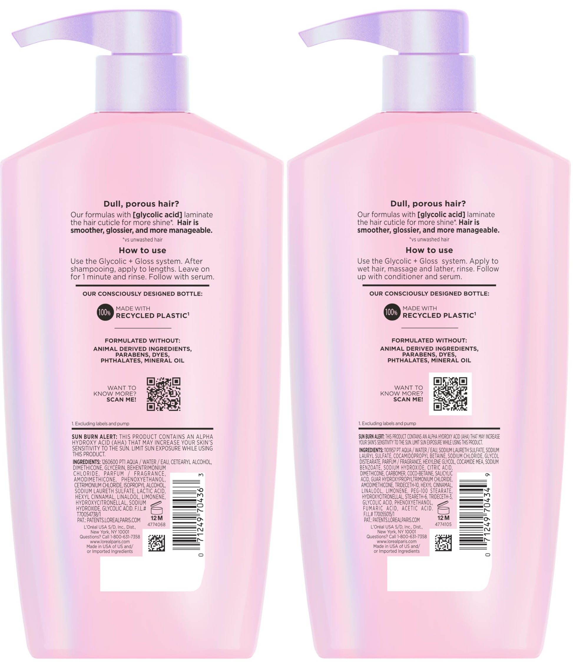 Side view of L'Oreal Paris Elvive Glycolic Gloss high shine boosting shampoo and conditioner imported collection.