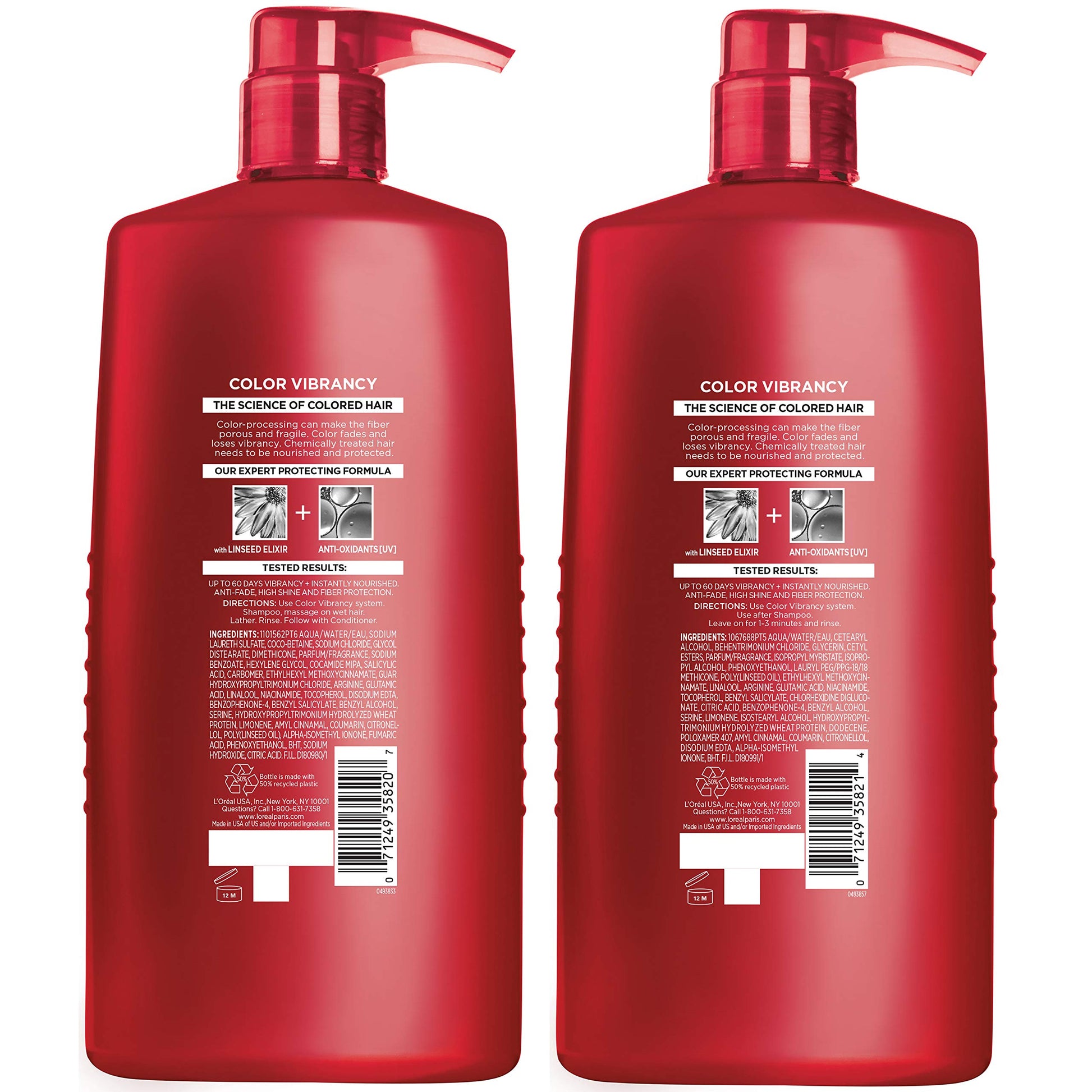 Back view of L'Oreal Paris Elvive Color Vibrancy shampoo and conditioner bottles showing ingredients and usage instructions