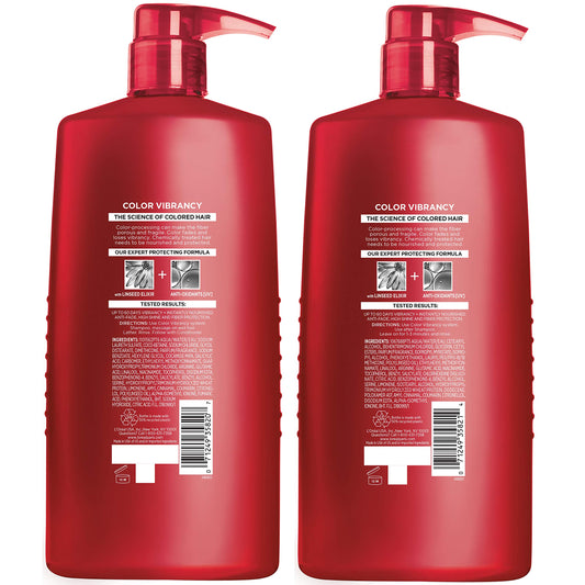 Back view of L'Oreal Paris Elvive Color Vibrancy shampoo and conditioner bottles showing ingredients and usage instructions