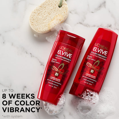 Close up of the anti-oxidant UV system label on the L'Oreal Elvive Color Vibrancy bottles for color treated hair