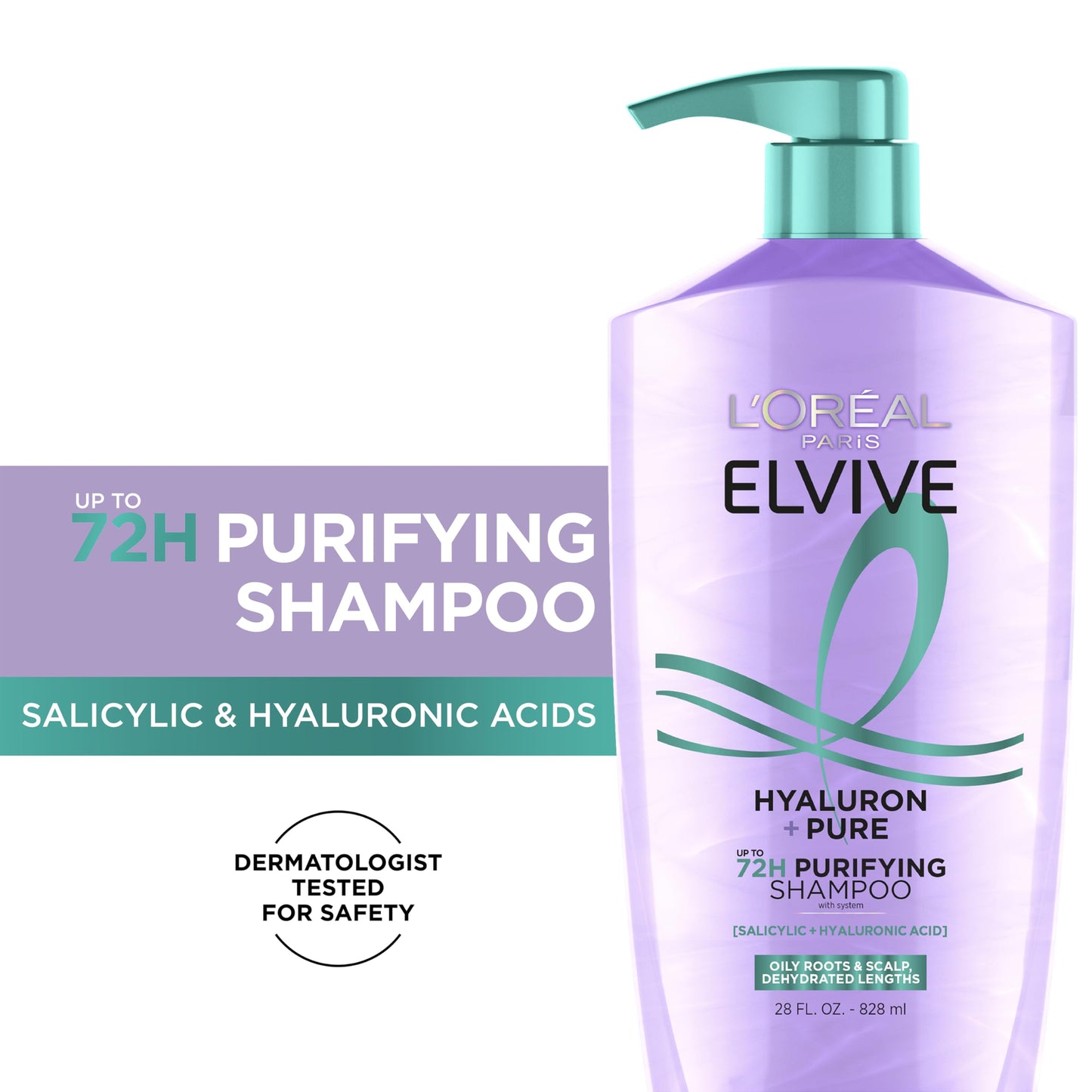 L'Oreal Paris Elvive Hyaluron Pure shampoo bottle displaying salicylic acid and hyaluronic acid ingredients for oily scalp care