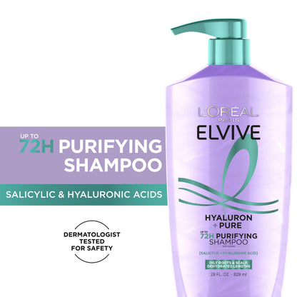 L'Oreal Paris Elvive Hyaluron Pure shampoo bottle displaying salicylic acid and hyaluronic acid ingredients for oily scalp care