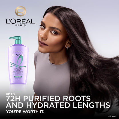L'Oreal Paris Elvive Hyaluron Pure rehydrating conditioner bottle detailing 72 hours of moisture for dehydrated hair lengths