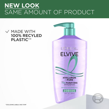Full packaging view of the USA imported L'Oreal Paris Elvive Hyaluron Plus Pure clarifying shampoo and conditioner retail pack