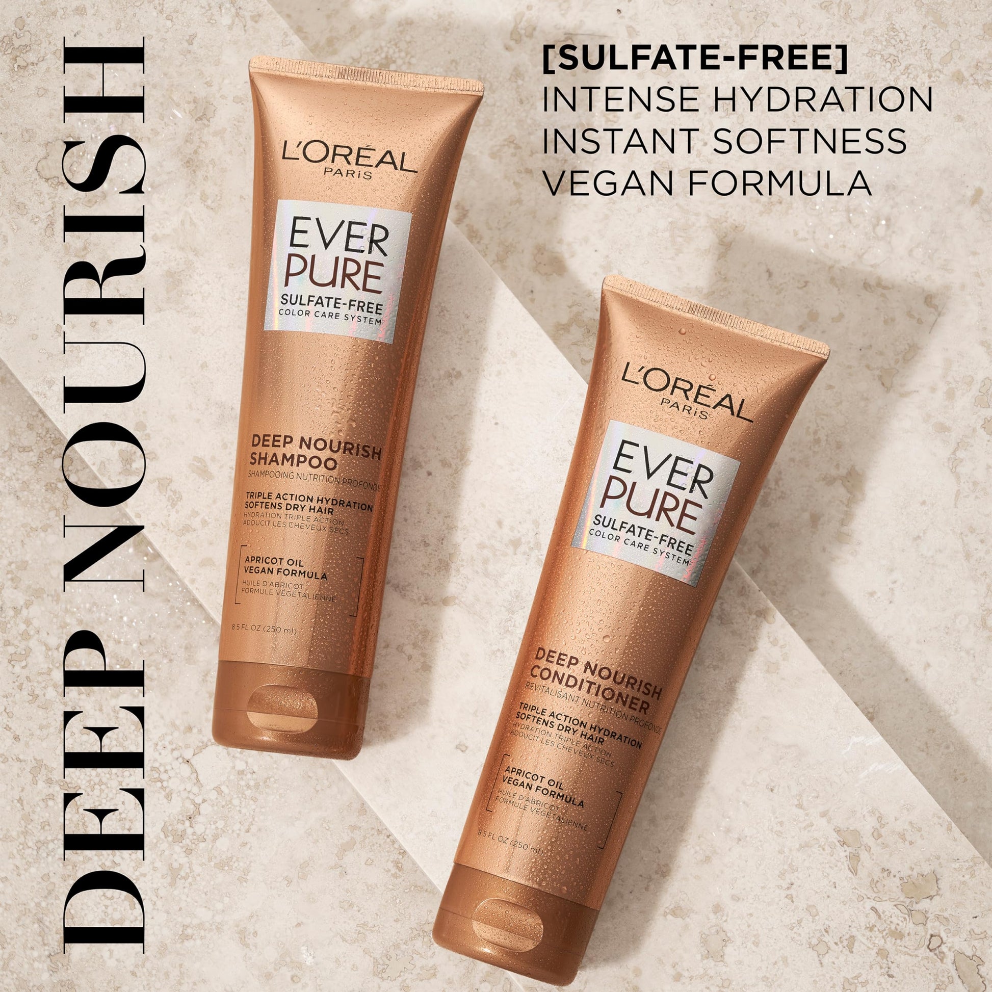 Sulfate-free hydrating shampoo and conditioner bottles with apricot oil ingredient callout
