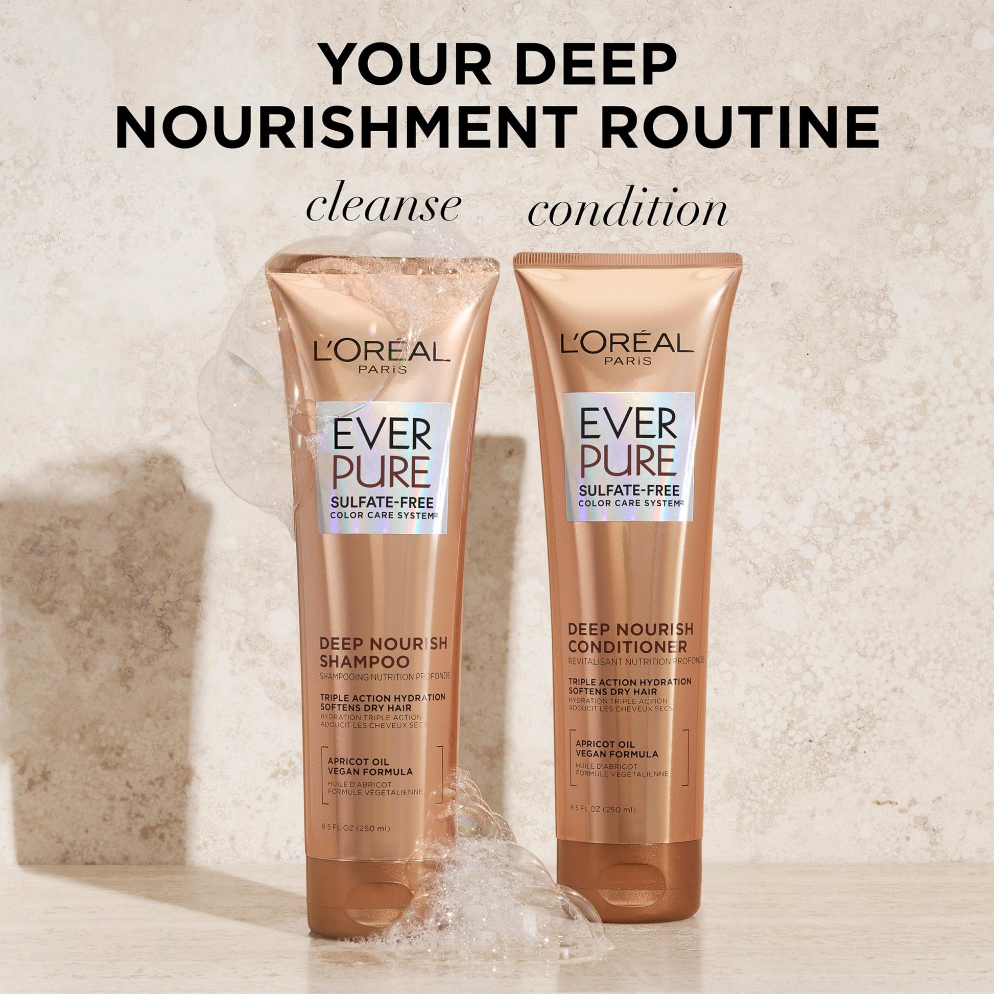 Texture shot of the rich moisturizing shampoo and creamy apricot oil infused conditioner