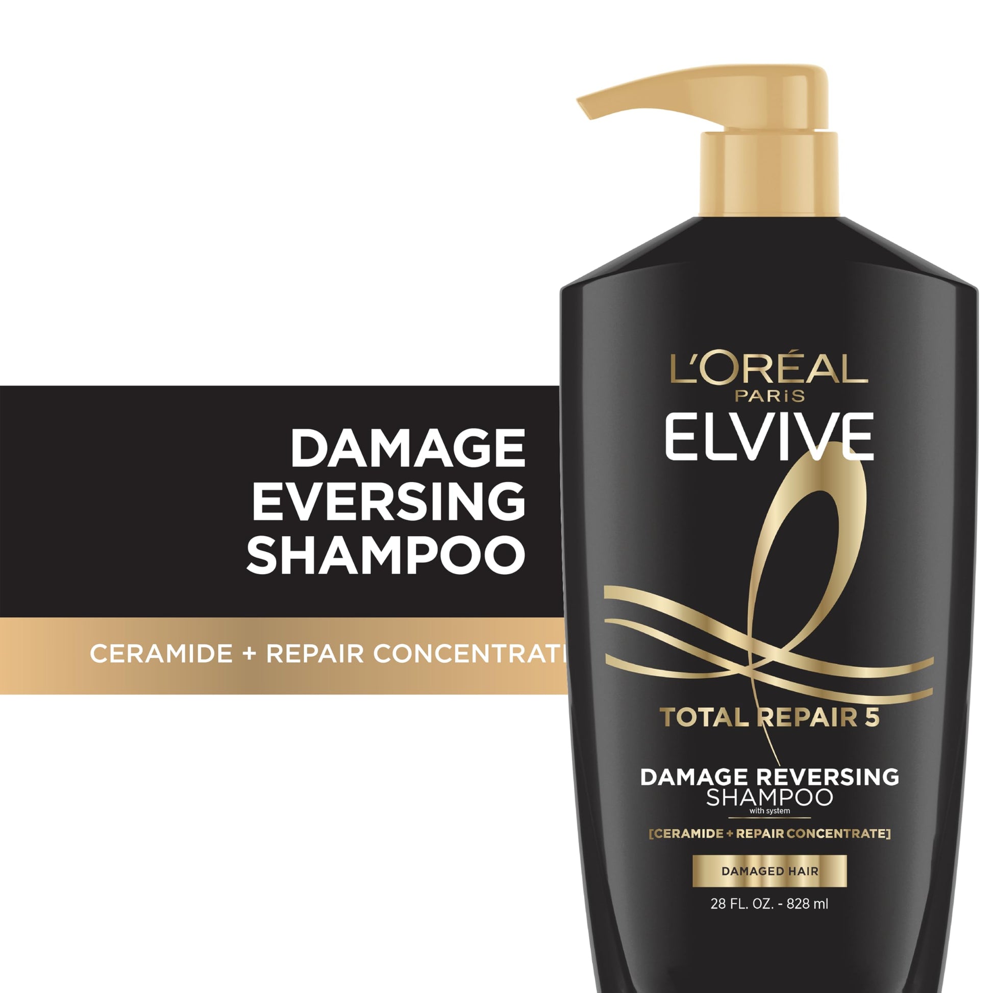 L'Oreal Paris Elvive Total Repair 5 Shampoo close up on protein and ceramide text