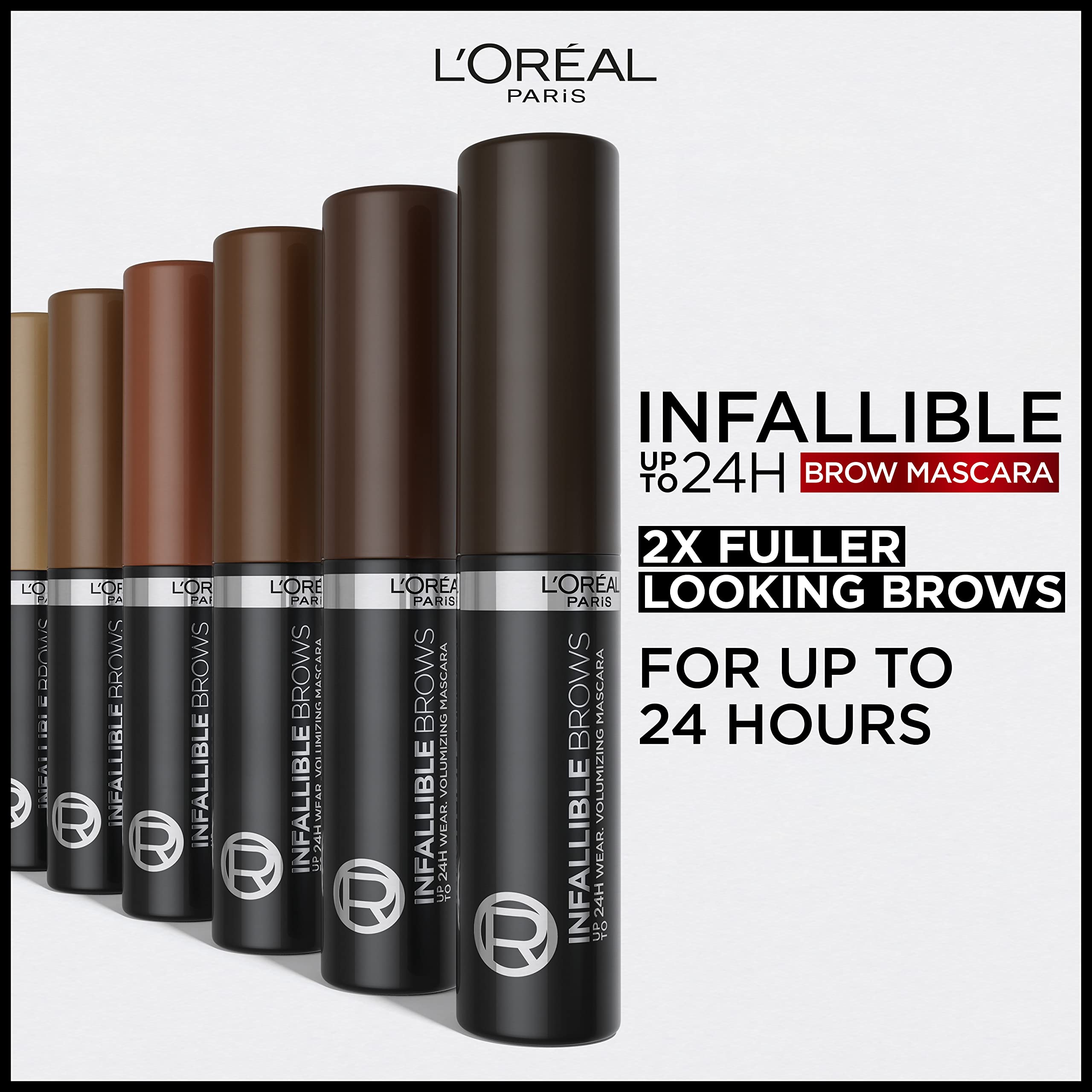 Light Brunette shade eyebrow mascara bottle highlighting the fiber charged formula details