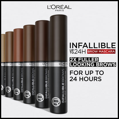 Light Brunette shade eyebrow mascara bottle highlighting the fiber charged formula details