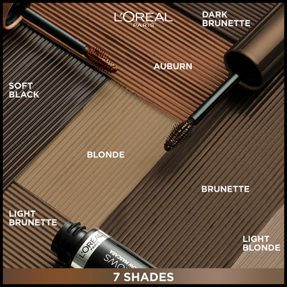 L'Oreal Paris eyebrow enhancer wand removed from the container revealing the light brunette tint