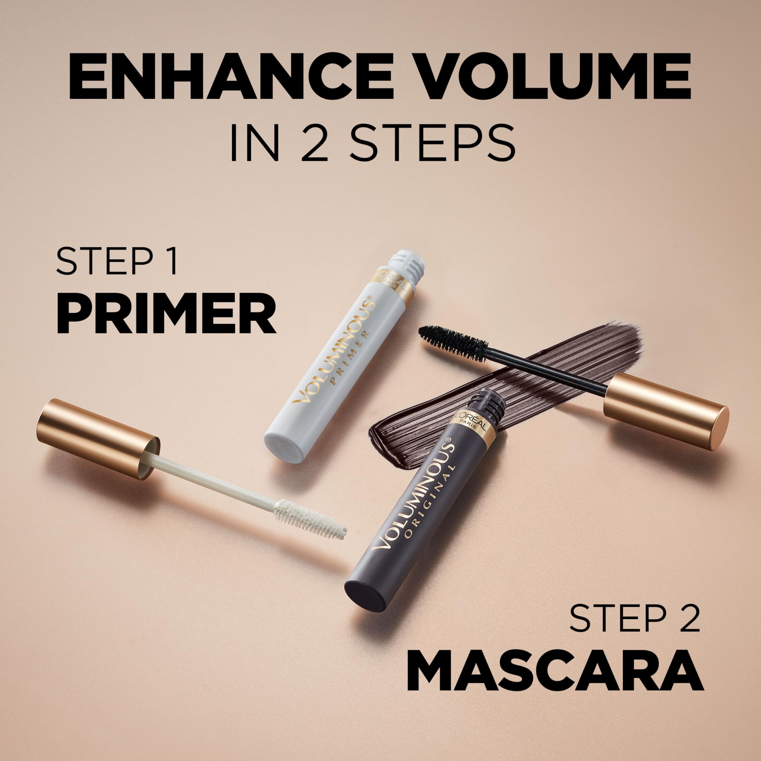 L'Oreal Paris Cosmetics Voluminous Lash Primer showing product specifications and original USA import packaging details.