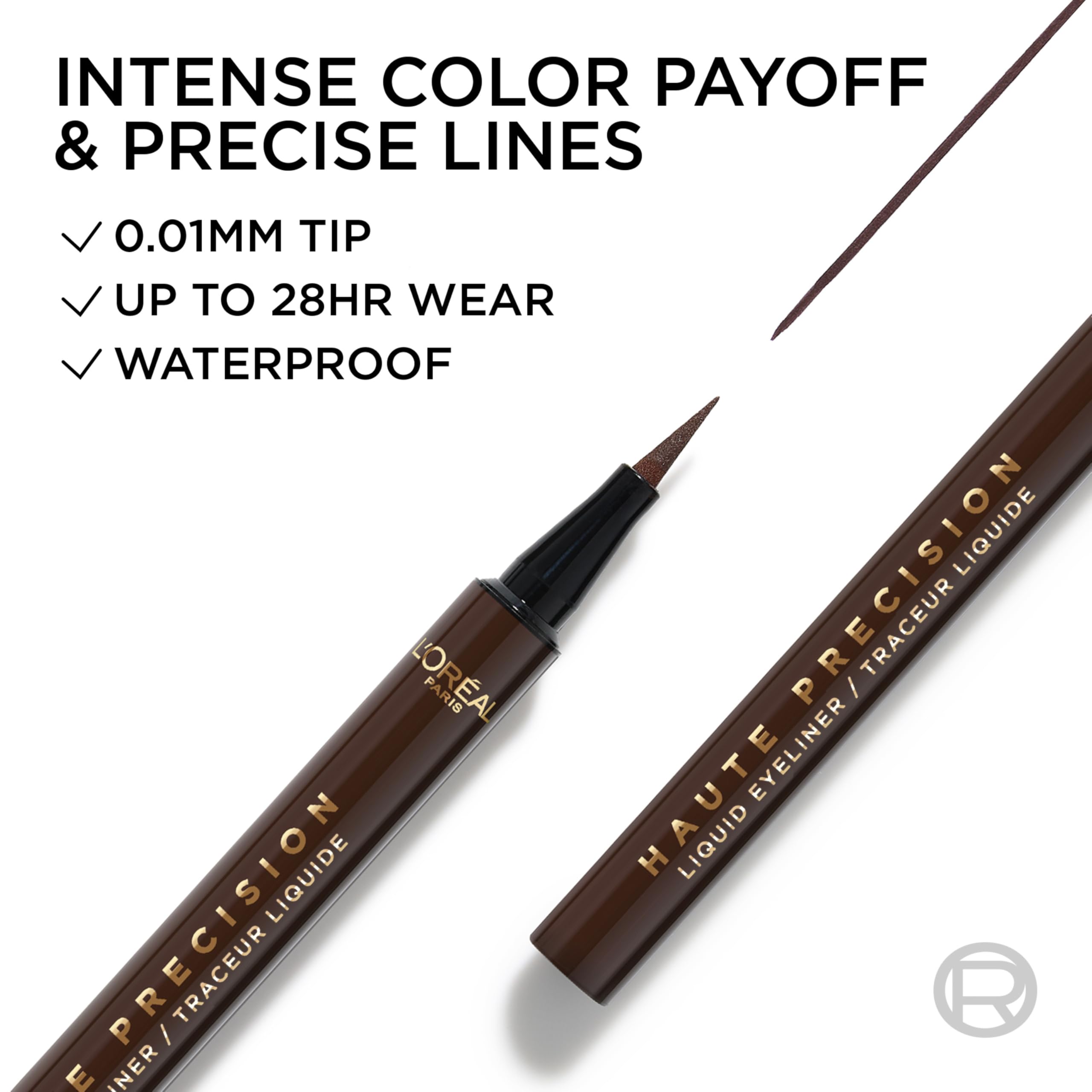Close up view of the smudge proof brown eyeliner swatch on skin highlighting the intense pigment.