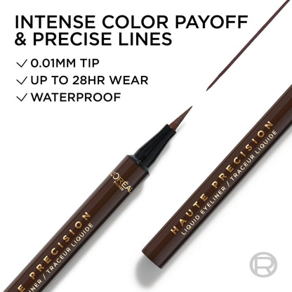 Close up view of the smudge proof brown eyeliner swatch on skin highlighting the intense pigment.