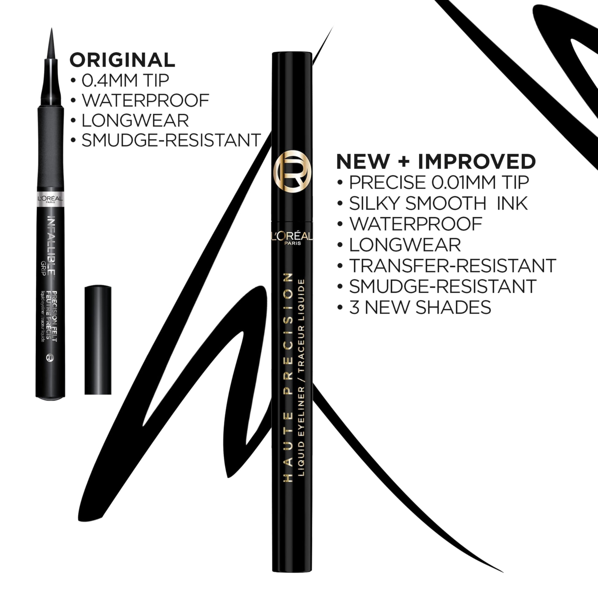 Demonstration of the cushiony eyeliner micro tip creating a precise sharp wing eye makeup look.
