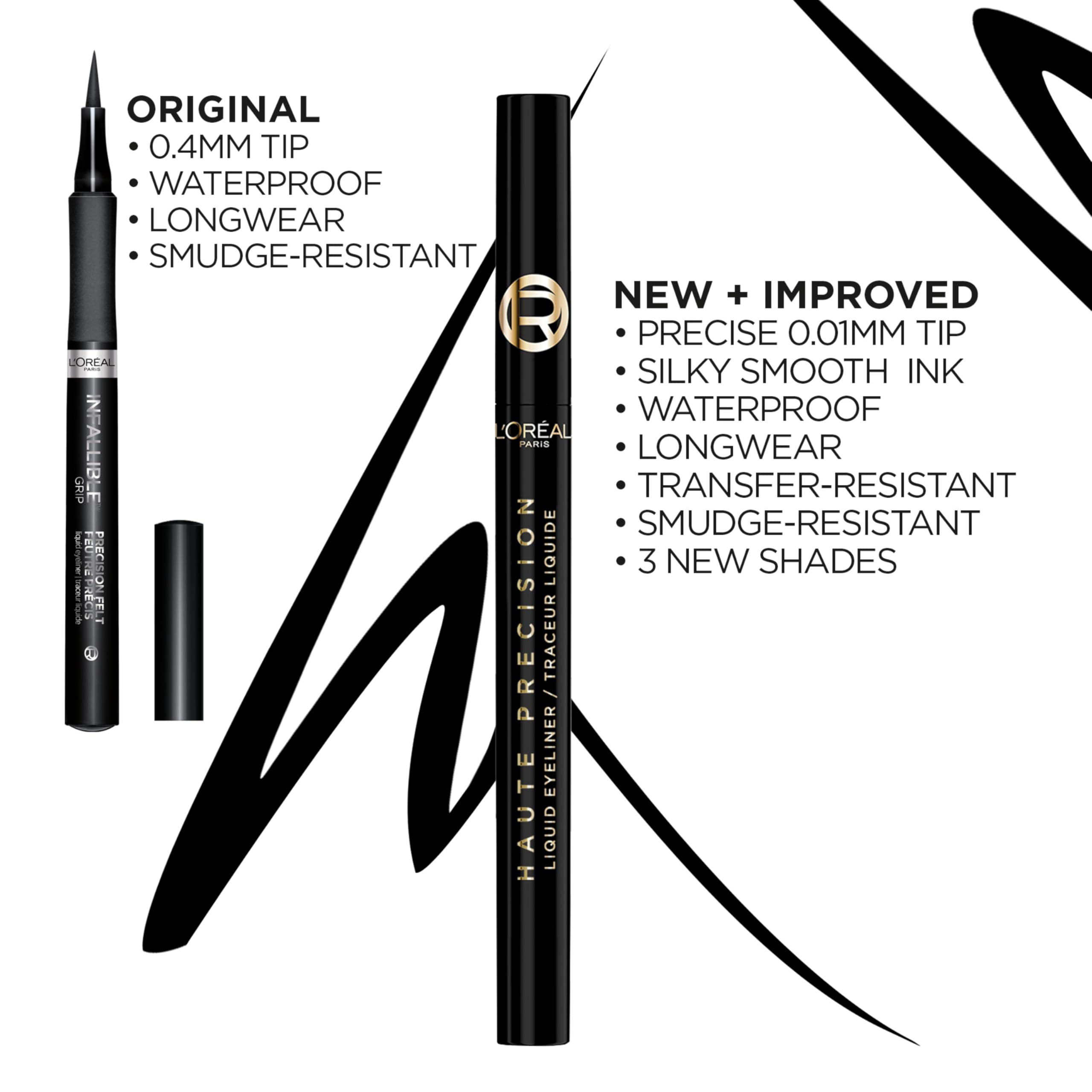 Demonstration of the cushiony eyeliner micro tip creating a precise sharp wing eye makeup look.