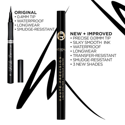 Demonstration of the cushiony eyeliner micro tip creating a precise sharp wing eye makeup look.