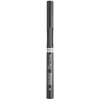 Precision felt tip liquid eyeliner creating a sharp wing graphic eye look