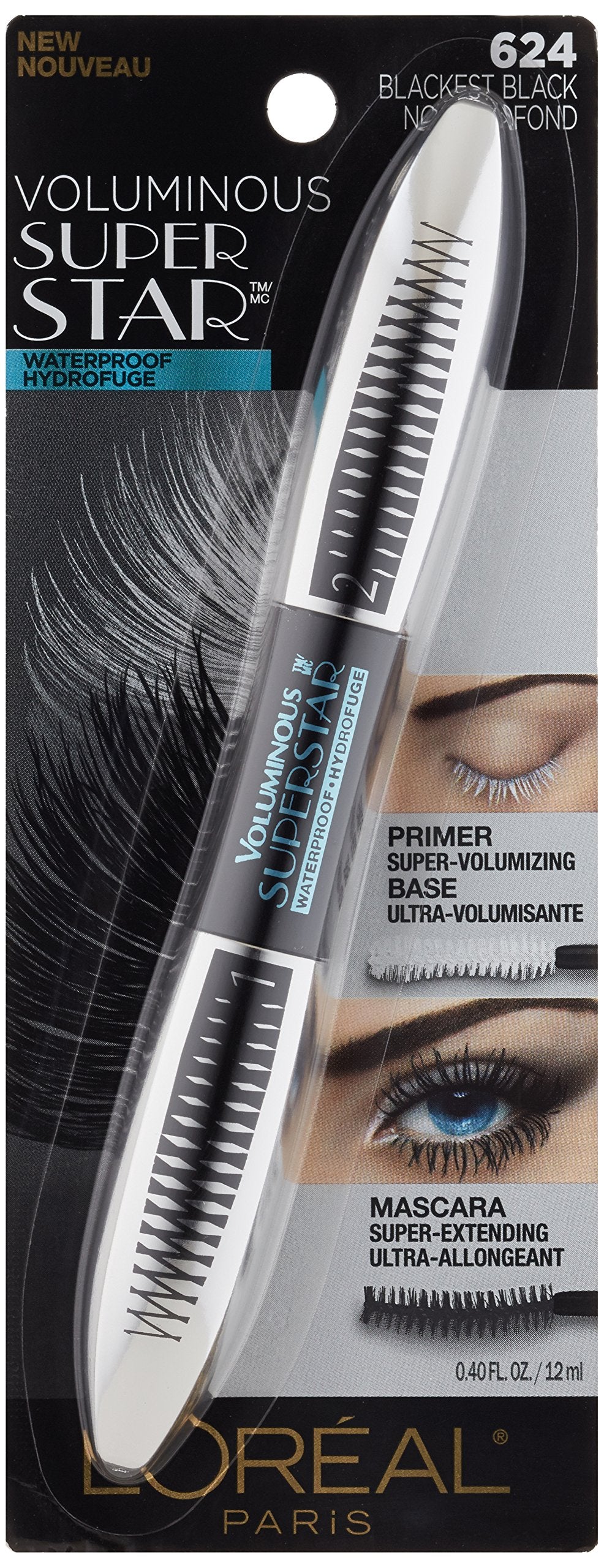 L'Oreal Paris Voluminous Superstar Mascara packaging illustrating step one primer and step two fiber mascara instructions.