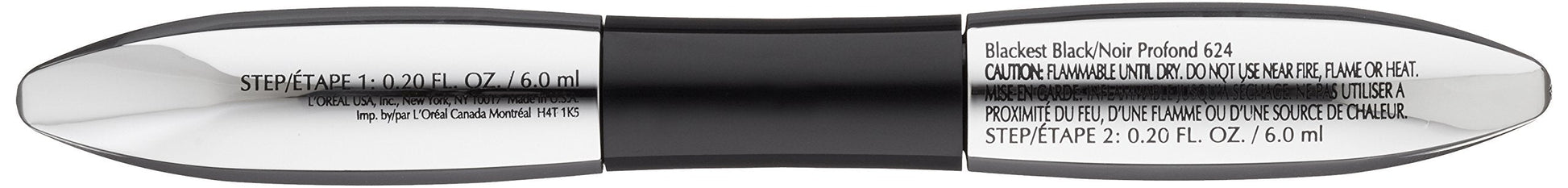 Side profile of the dual ended waterproof volumizing mascara tube showing the official US product labeling.