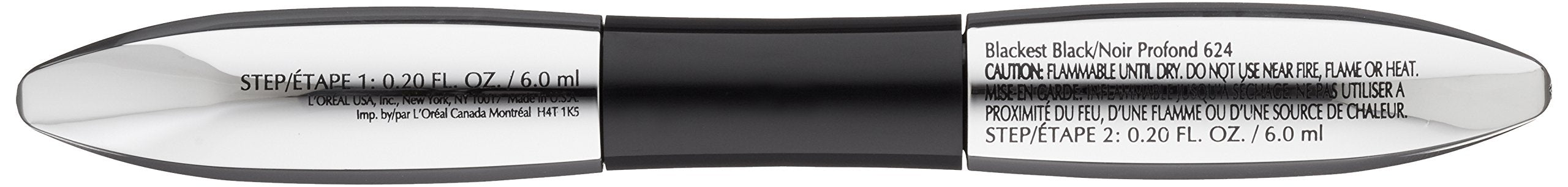 Side profile of the dual ended waterproof volumizing mascara tube showing the official US product labeling.