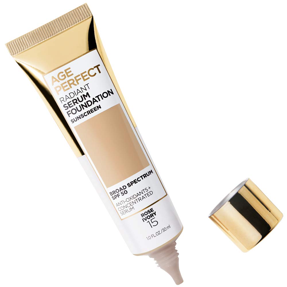 L'Oreal Paris serum foundation bottle highlighting the built-in SPF 50 sun protection details.
