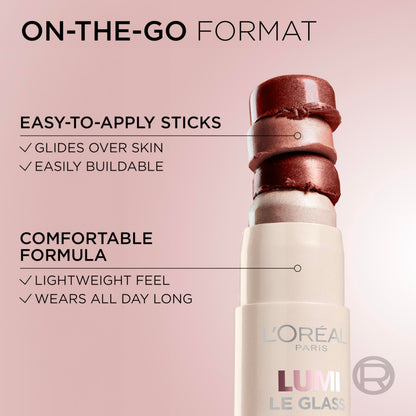 L'Oreal Paris face and body dewy highlighter stick close up detail.