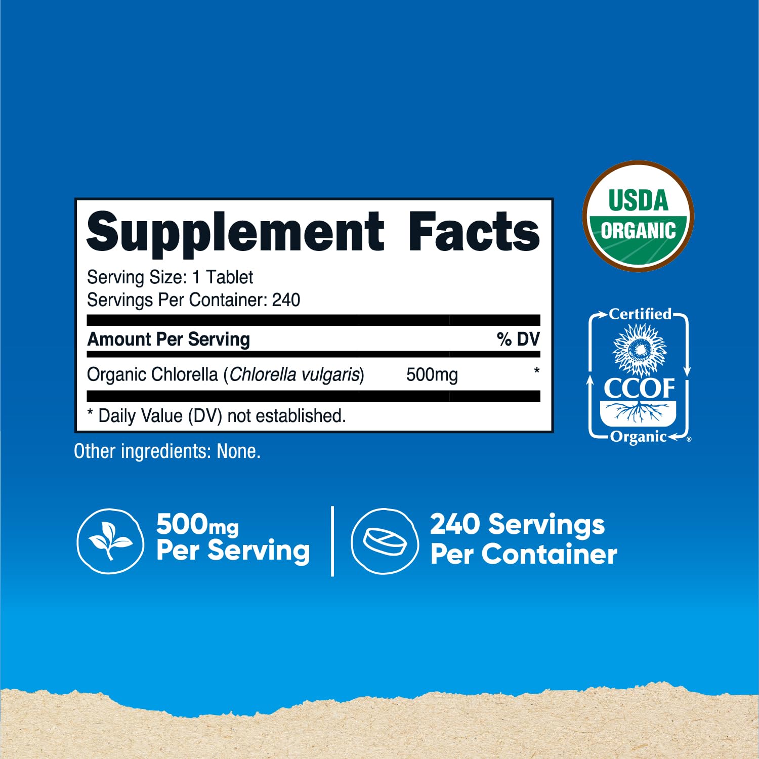 Nutricost Organic Chlorella vegetarian tablets supplement facts label