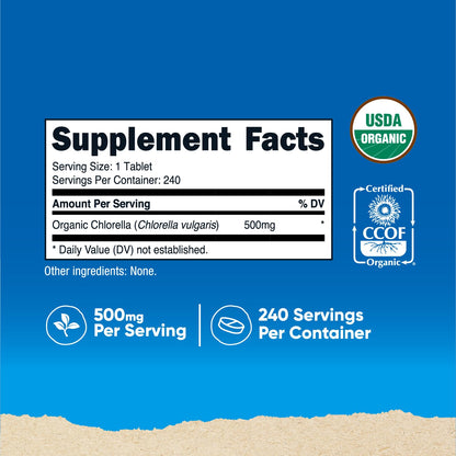 Nutricost Organic Chlorella vegetarian tablets supplement facts label
