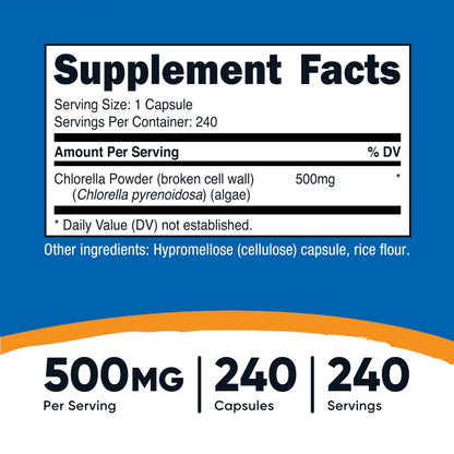Nutricost Chlorella 500mg supplement facts label