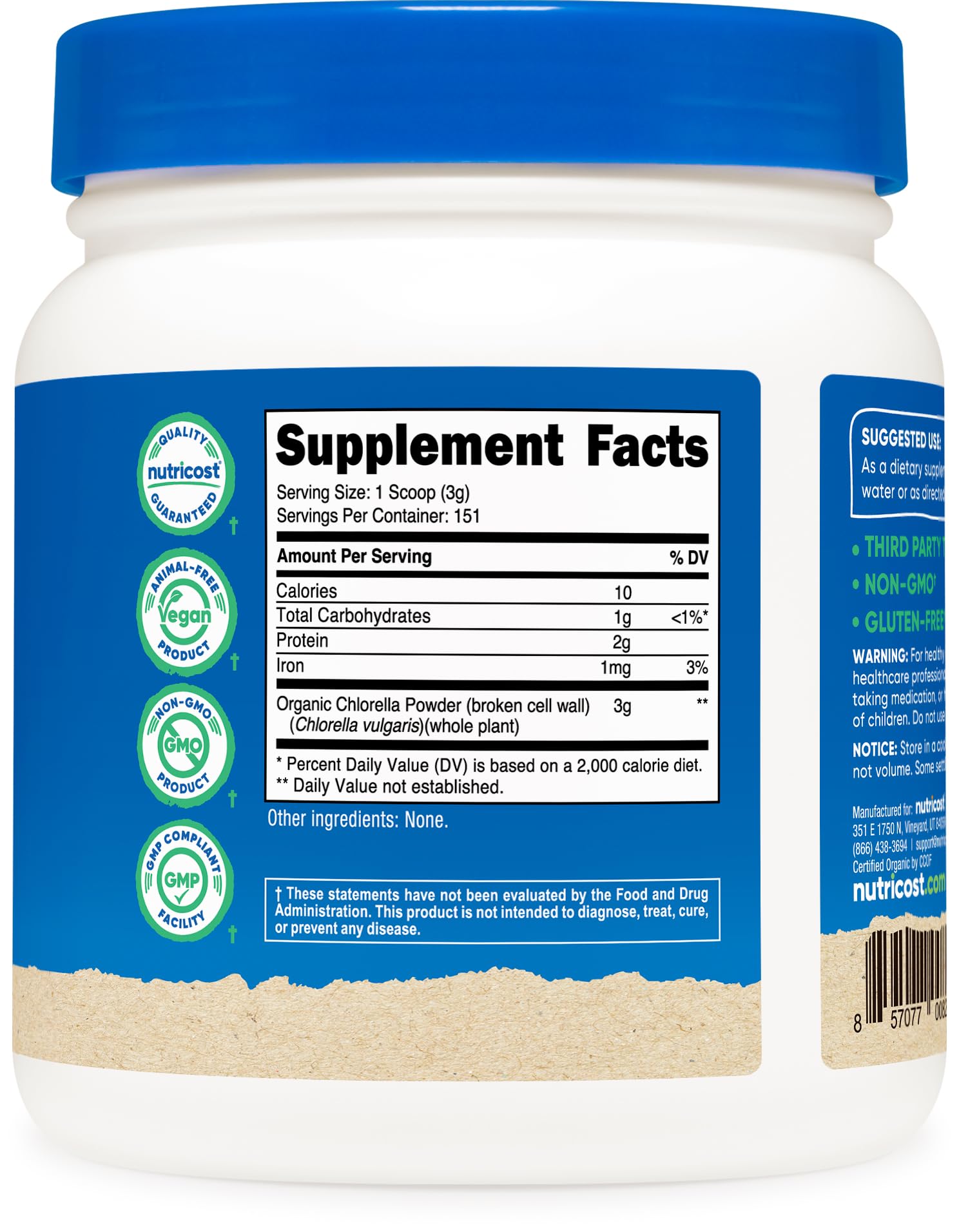 Close up label of Nutricost organic broken cell wall chlorella supplement