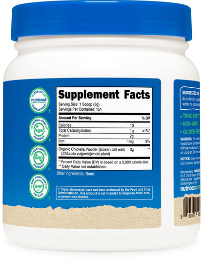 Close up label of Nutricost organic broken cell wall chlorella supplement