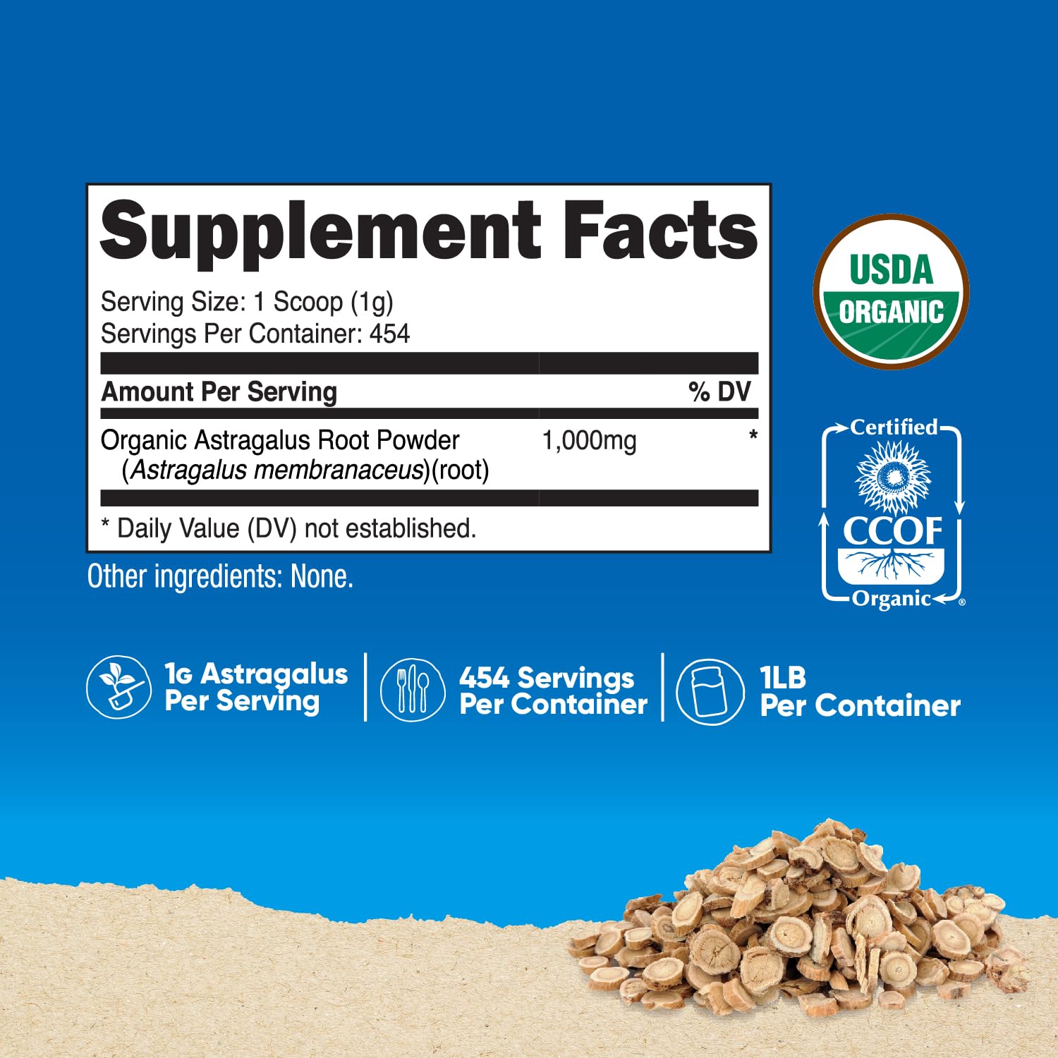 Nutricost unflavored astragalus root powder container back panel with supplement facts and serving information