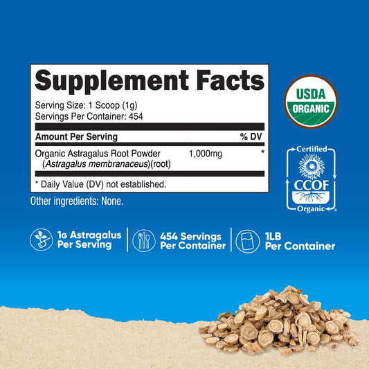 Nutricost unflavored astragalus root powder container back panel with supplement facts and serving information