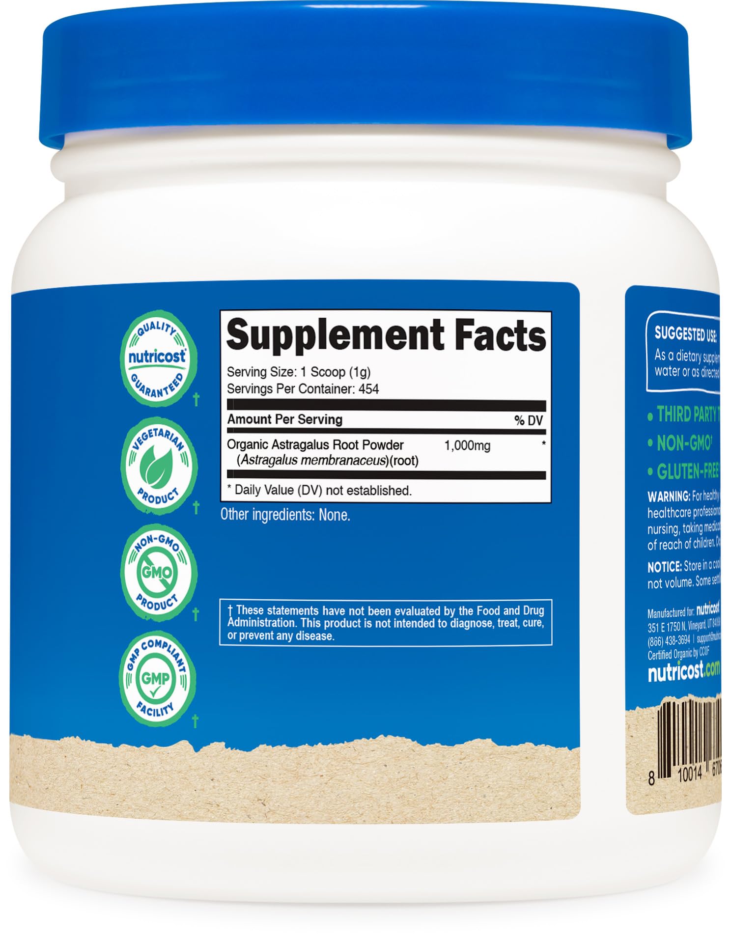 Imported USA premium astragalus root health supplement container displaying quality guarantee symbols