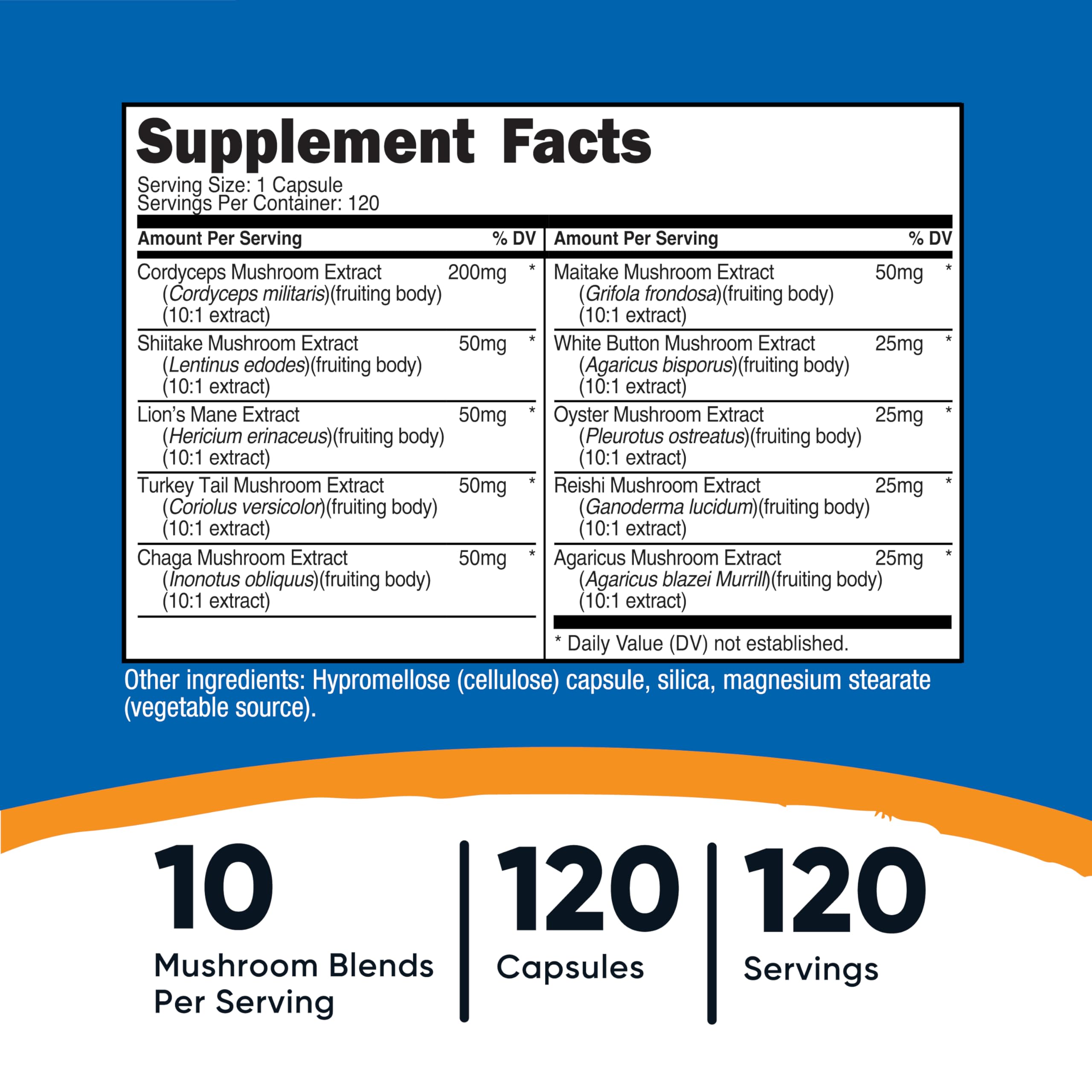 Nutricost mushroom complex supplement facts and ingredients list label
