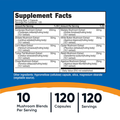 Nutricost mushroom complex supplement facts and ingredients list label