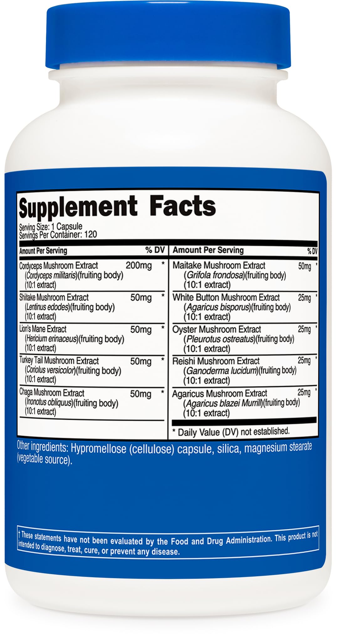 Nutricost non-GMO and gluten-free mushroom capsules product packaging