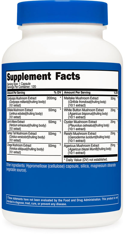 Nutricost non-GMO and gluten-free mushroom capsules product packaging