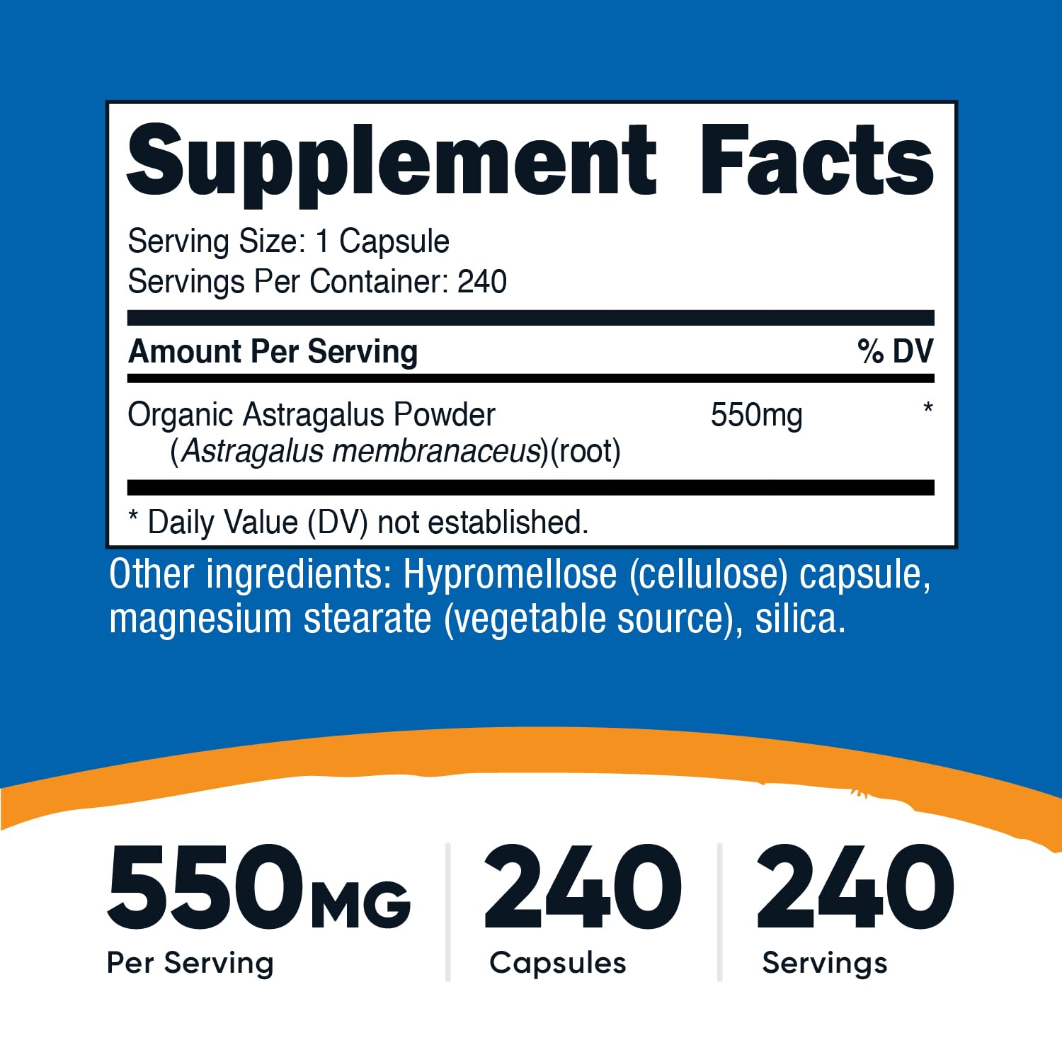 Nutricost Astragalus Root supplement nutritional facts label displaying 550 milligrams per serving size