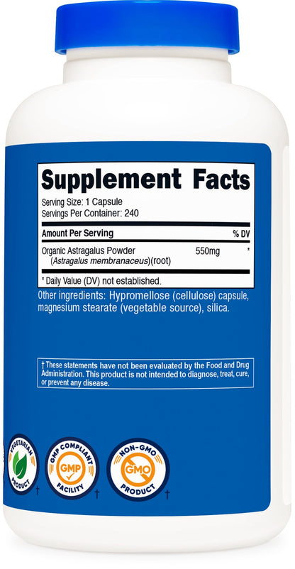 Close up of non-GMO and gluten-free herbal capsules containing premium astragalus membranaceus powder